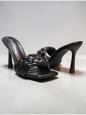 Braided Black High-Heel Sandals With Square Toe & Slip-On Design By Bella Marie